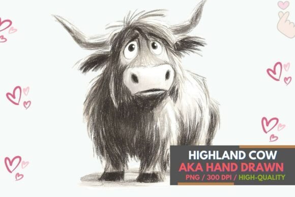 Charming Cute Highland Cow Sketch PNG Art for Projects