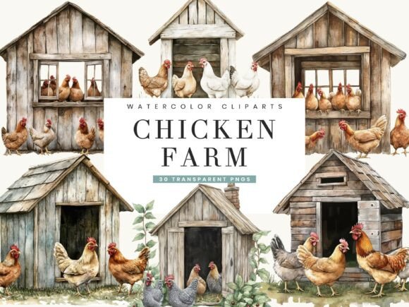 Chicken Farm Clipart Bundle: Watercolor Charm for Modern Design