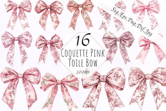 Coquette Bow Pink Toile De Jouy Clipart for Designers