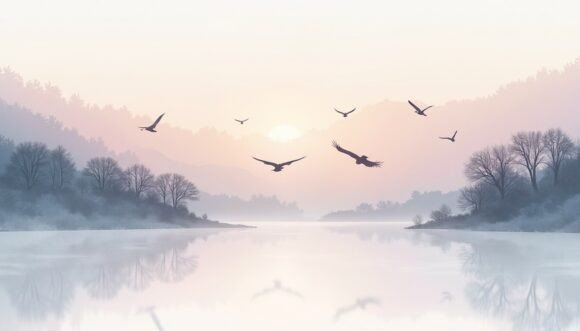 Embrace Serenity: Using Cranes over Misty Lake in Pastel Layers