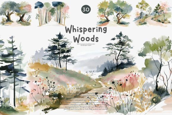Enchant Your Designs with a Watercolor Forest Landscape Clipart Set