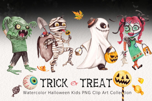 Enchanting Watercolor Trick or Treating Kids Clipart
