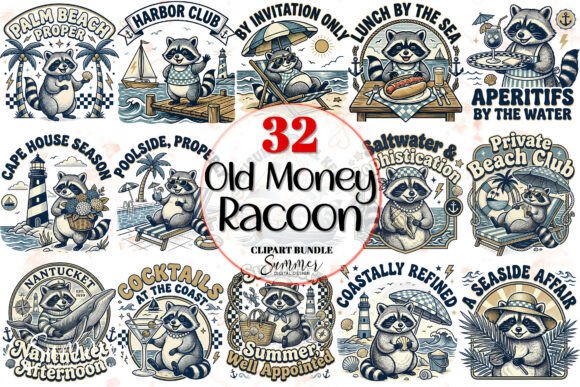 Old Money Raccoon Vintage Summer Clipart