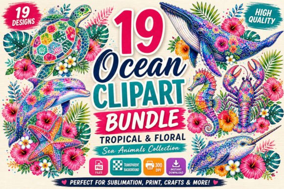 Tropical Floral Sea Animals PNG Bundle: Ocean Design Assets