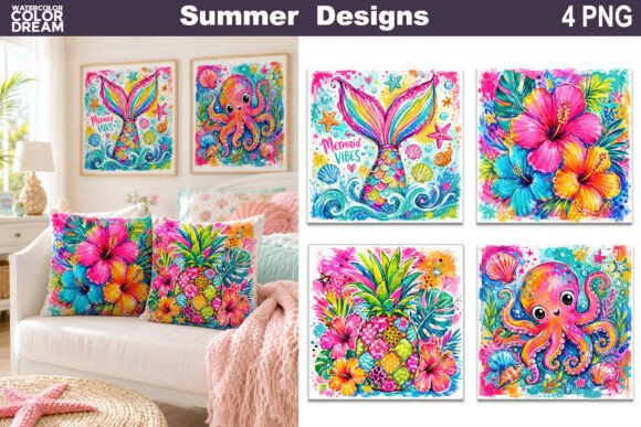 Tropical Summer Coastal Art: Vibrant Watercolor Designs for Creative Projects