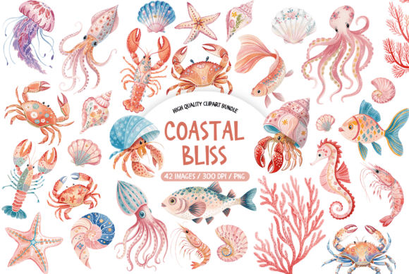 Watercolor Coastal Bliss Clipart Bundle: Your Seaside Design Toolkit