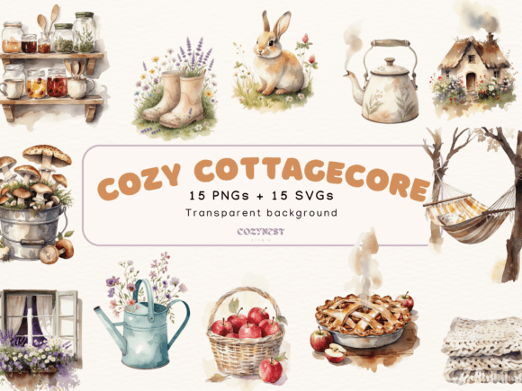 Watercolor Cottagecore Cliparts: A Cozy PNG Collection for Timeless Design