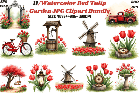 Watercolor Red Tulip Garden JPG Clipart