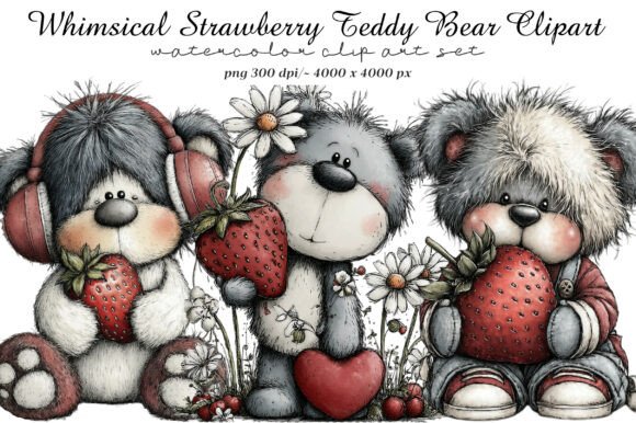 Whimsical Strawberry Teddy Bear Clipart: Sweet Designs